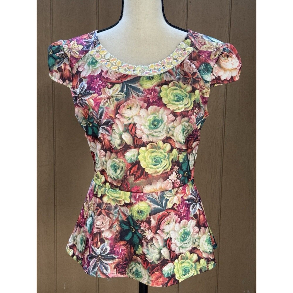 Janice - Floral Flare Print Peplum Blouse Size Large